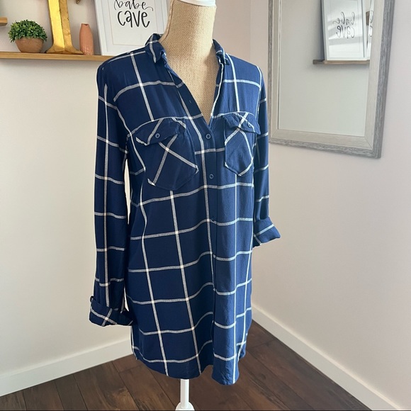 Navy Blue Windowpane Plaid Tunic Button Down ShirtDress - Picture 6 of 10